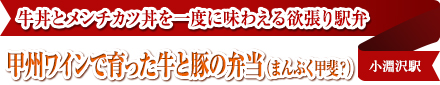 牛丼とメンチカツ丼を一度に味わえる欲張り駅弁｜甲州ワインで育った牛と豚の弁当（まんぷく甲斐？）｜小淵沢駅