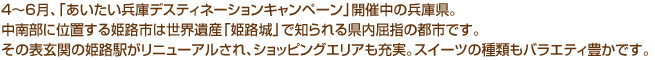 4～6月、「あいたい兵庫デスティネーションキャンペーン」開催中の兵庫県。中南部に位置する姫路市は世界遺産「姫路城」で知られる県内屈指の都市です。その表玄関の姫路駅がリニューアルされ、ショッピングエリアも充実。スイーツの種類もバラエティ豊かです。