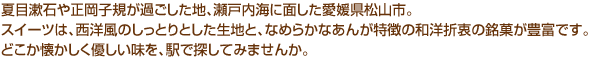 夏目漱石や正岡子規が過ごした地、瀬戸内海に面した愛媛県松山市。スイーツは、西洋風のしっとりとした生地と、なめらかなあんが特徴の和洋折衷の銘菓が豊富です。どこか懐かしく優しい味を、駅で探してみませんか。