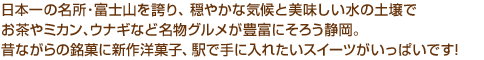 日本一の名所･富士山を誇り、穏やかな気候と美味しい水の土壌でお茶やみかん、うなぎなど名物グルメが豊富にそろう静岡。昔ながらの銘菓に新作洋菓子、駅で手に入れたいスイーツがいっぱいです！