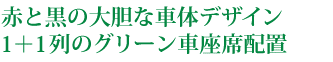 赤と黒の大胆な車体デザイン1＋1列のグリーン車座席配置