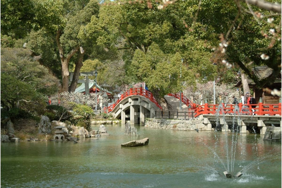 心字池にかかる太鼓橋は、フォトスポットとしても人気