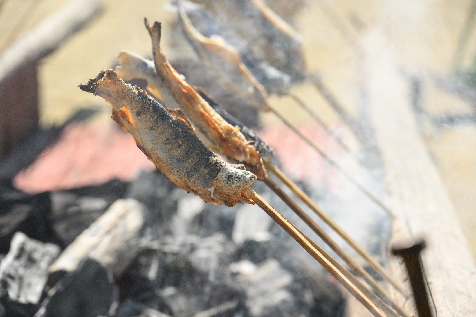 つかみどりで獲った魚をその場で炭火焼きに（小学生以下の子ども限定）