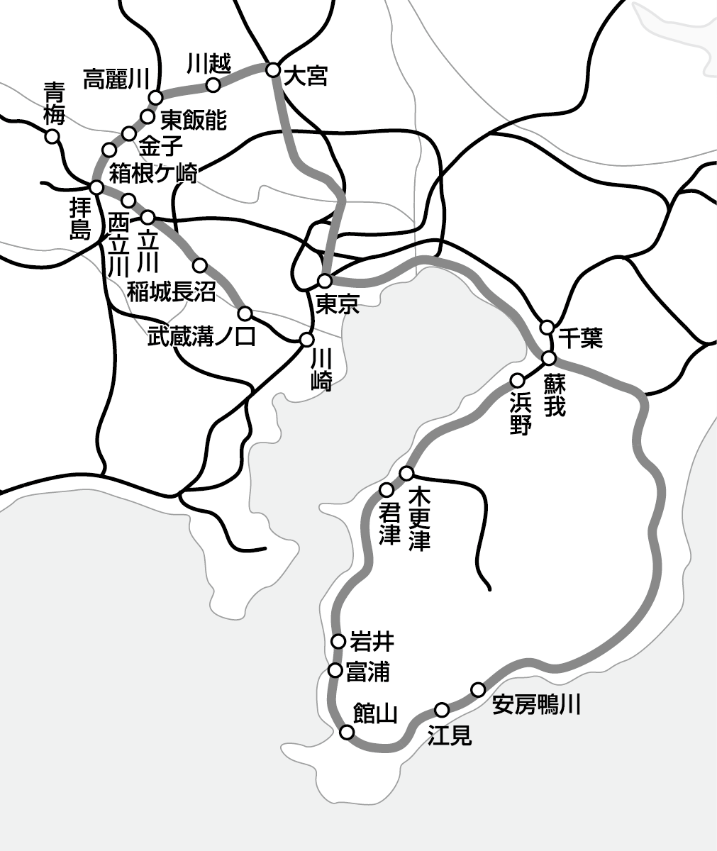 ぐるっと南武線の武蔵溝ノ口から内房線の浜野駅へのルート。大都市近郊区間内の発着ルートでも、ルールに従えば、途中下車できます。ここでは新幹線利用がポイント