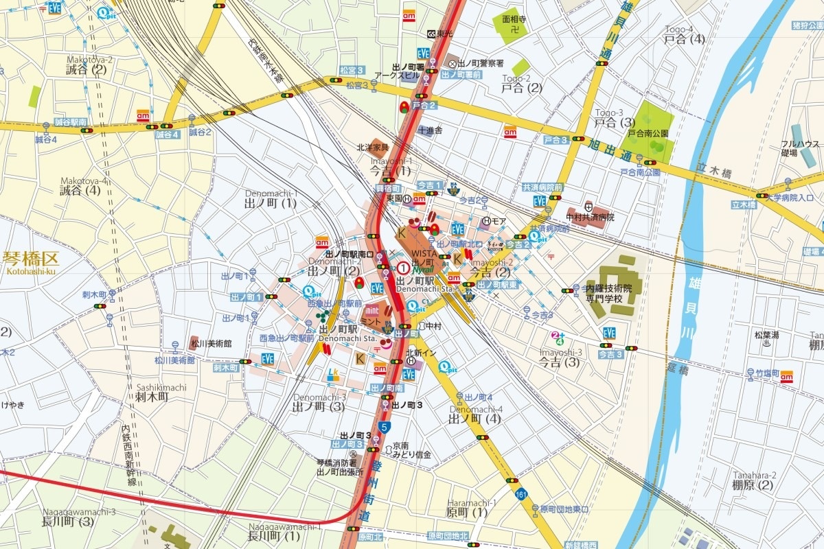 「出ノ町駅」周辺。赤い線が地下鉄で「平川駅」とつながっている。