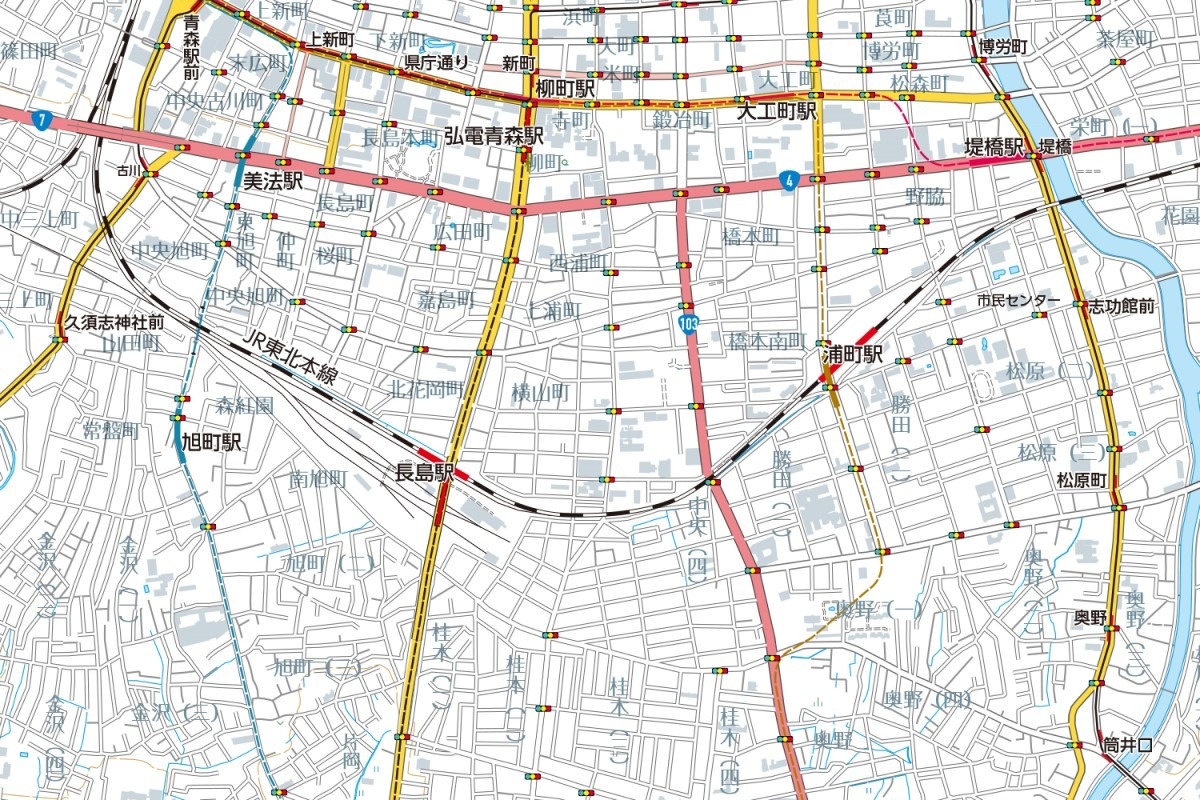 現実の青森では、画面右下の「筒井口」のあたりまで青い森鉄道の線路がほぼまっすぐにのびている。（「青森トラム」空想地図1：25000＜制作中＞より）