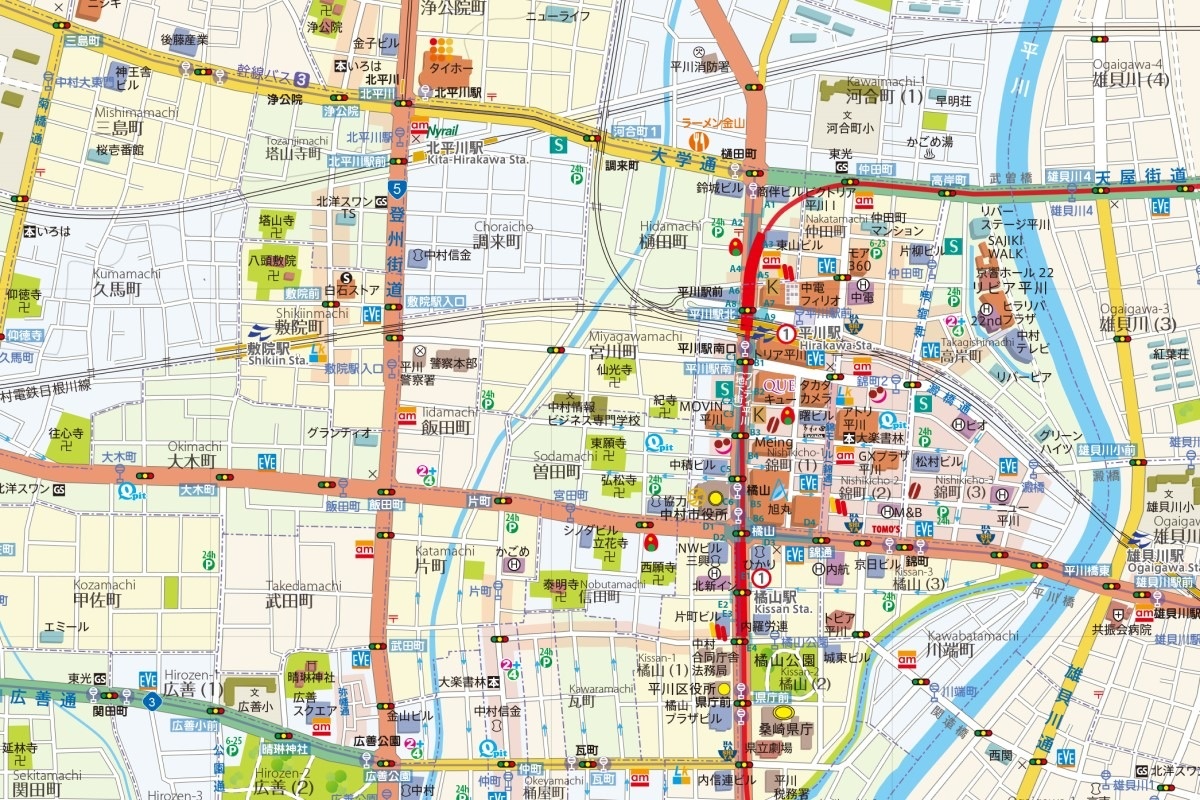 画面左上の「北平川」まで、北から路面電車が通っている。