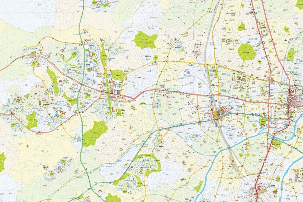 画面左側がニュータウン。幹線道路が東西にのびている。