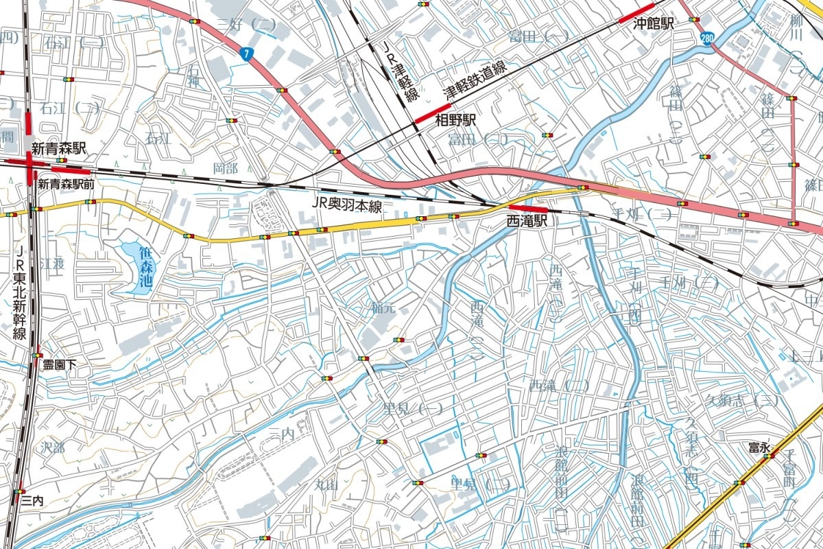 複数の鉄道路線と国道が複雑にからみあうスポット。（「青森トラム」空想地図1：25000＜制作中＞より）