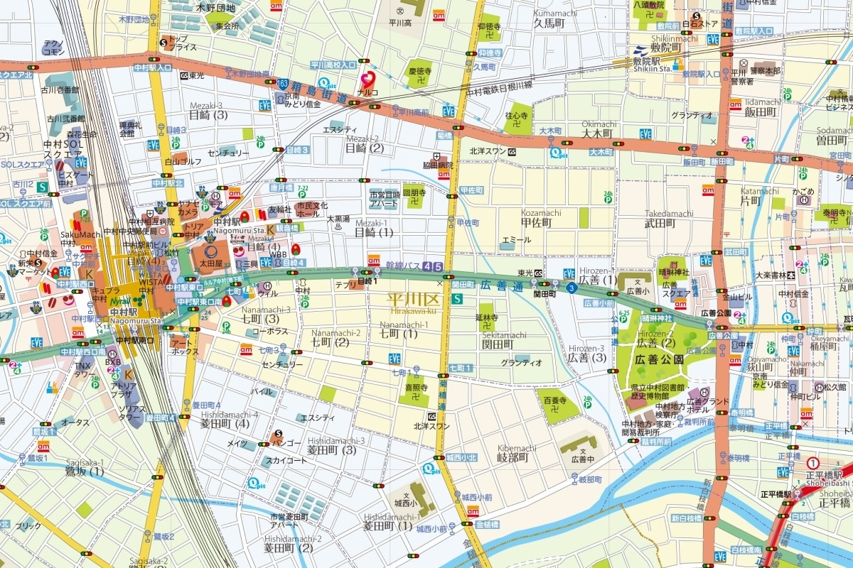 「中村駅」の近くに位置する「七町」。少し右に「広善公園」がある。