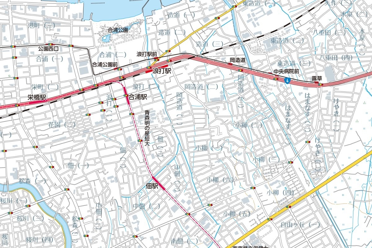 本来ならば路面電車は、「浪打駅前」から北東に延びる黄色の旧道沿いに走っていたはず……？（「青森トラム」空想地図1：25000＜制作中＞より）