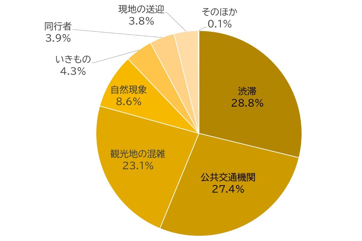 渋滞 28.8％、公共交通機関 27.4%、観光地の混雑 23.1％、自然現象 8.6％、いきもの 4.3%、同行者 3.9%、現地の送迎 3.8%、そのほか0.1%