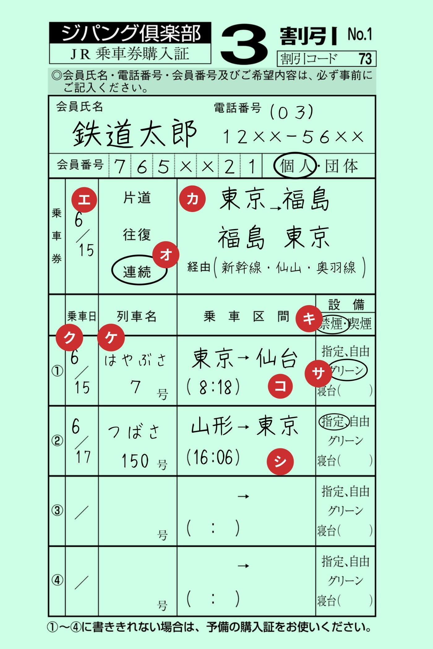 【東京→（仙台・山形経由）福島、福島→東京の連続乗車券記入例】