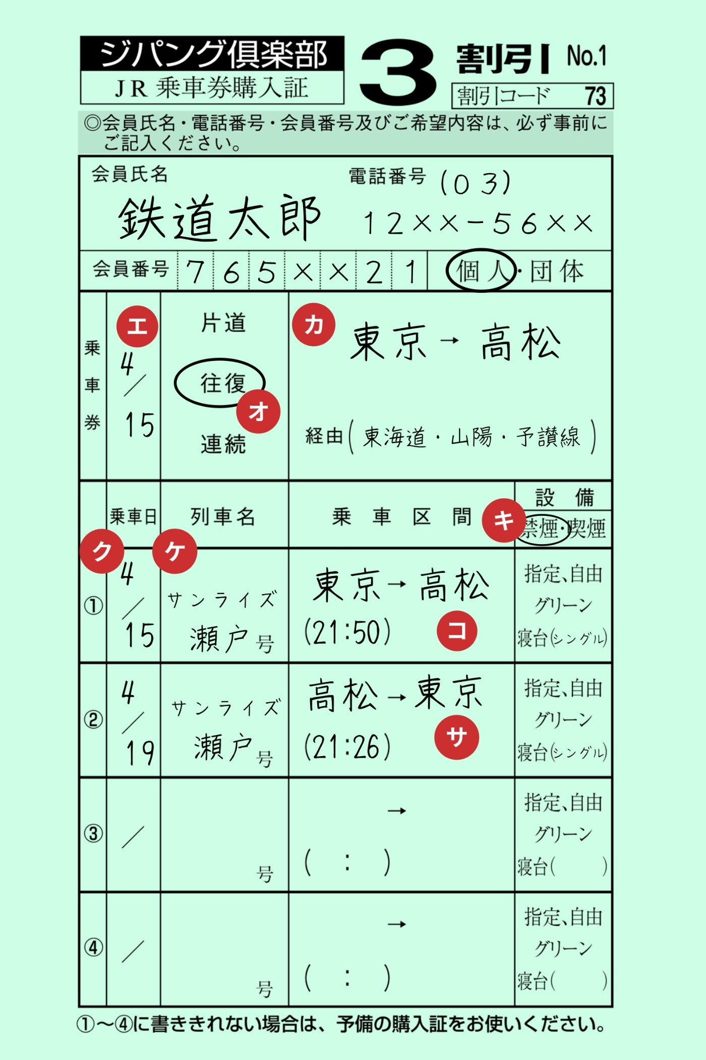 【東京⇔高松の往復乗車券記入例】