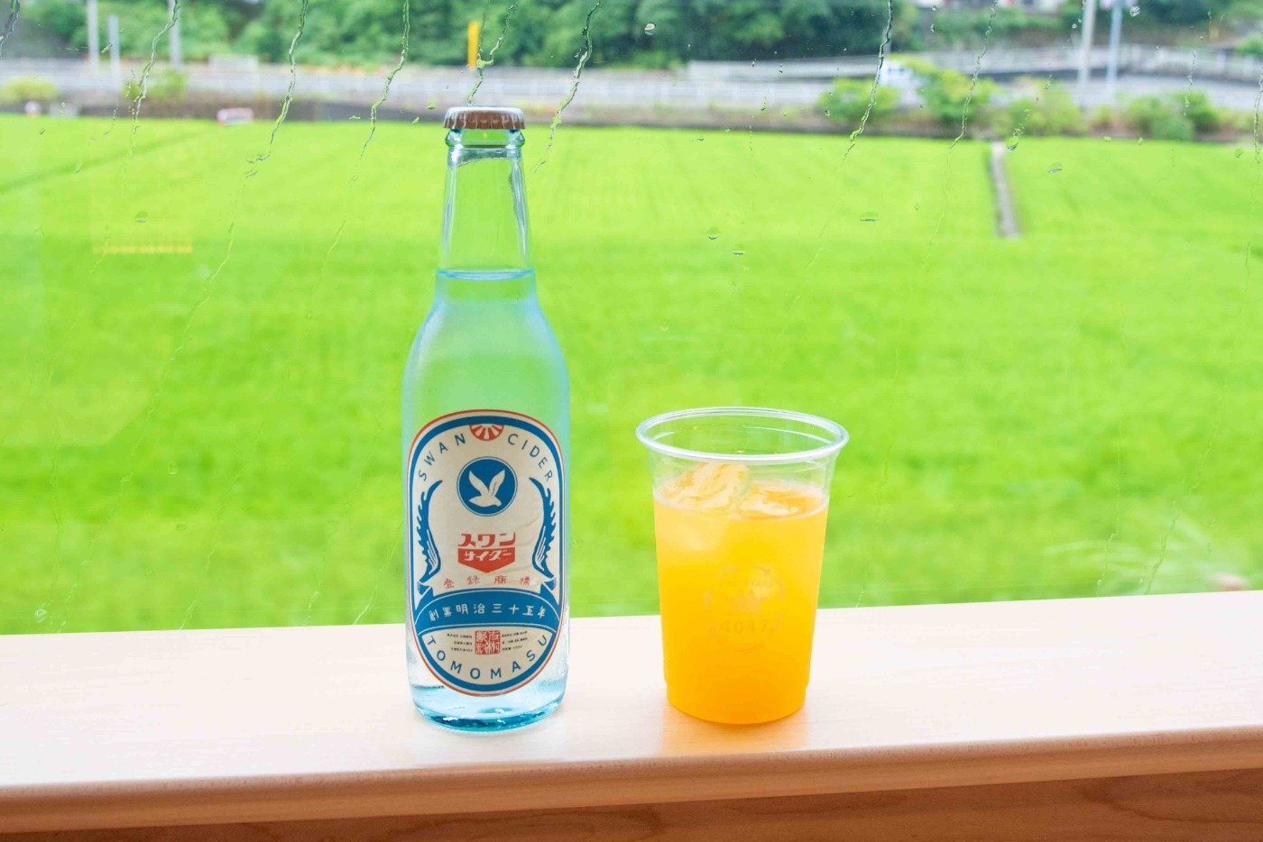 「サイダー」350円(左)、「伊木力(いきりき)柑橘ジュース」500円