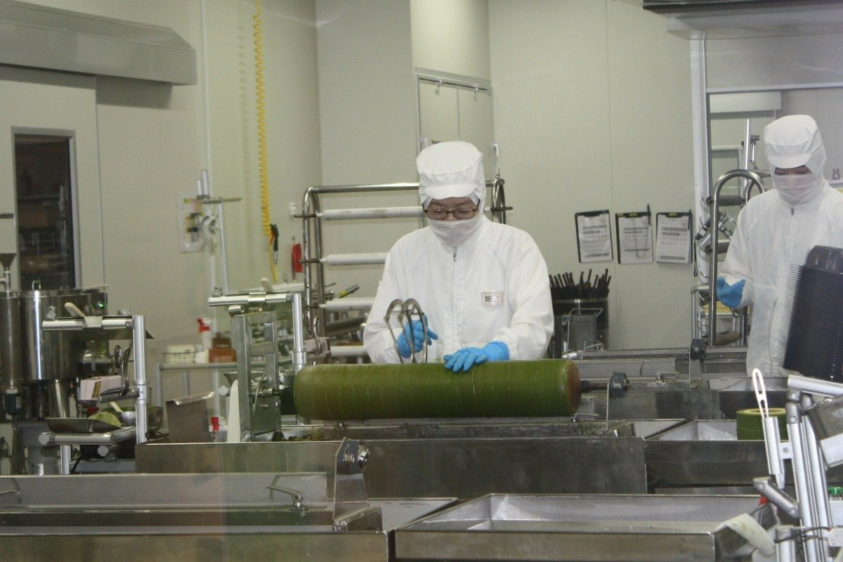 熟成後に、抹茶のフォンダン（砂糖衣）をかけてカット