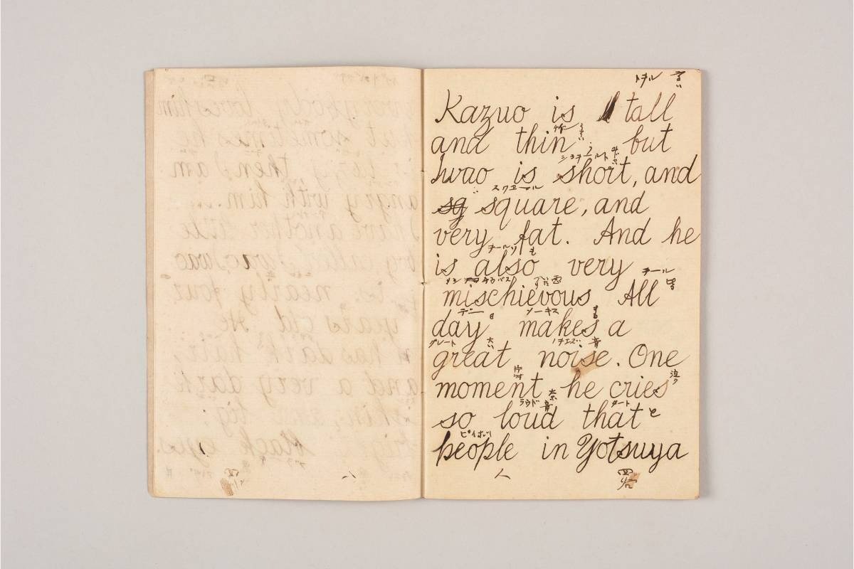 セツがハーンから英語の書き方を学んだ時の筆記体練習帳（池田記念美術館蔵）