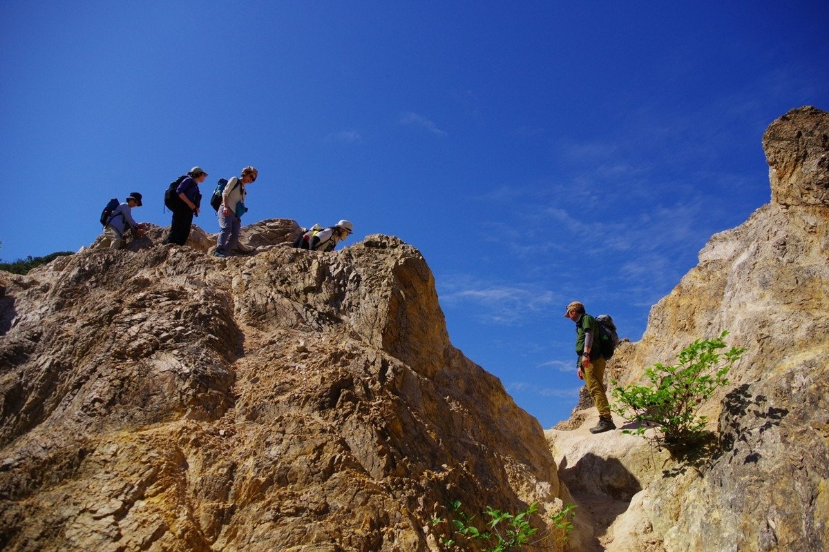 たとえ低山でも多様な地形が出現する。とくに下りは事故が起きやすい。足もとに集中すること