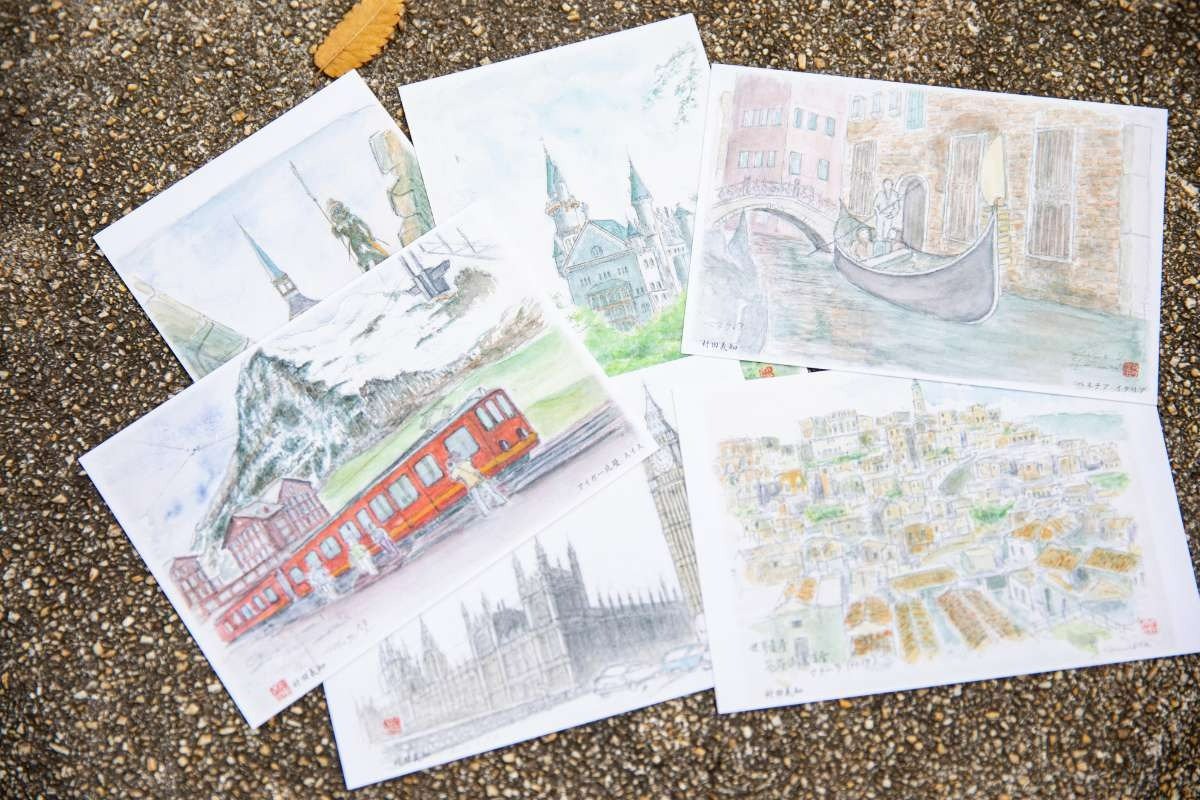 さちよさんのお父さんが80代で描いたスケッチ画。印刷して絵葉書にしたそう