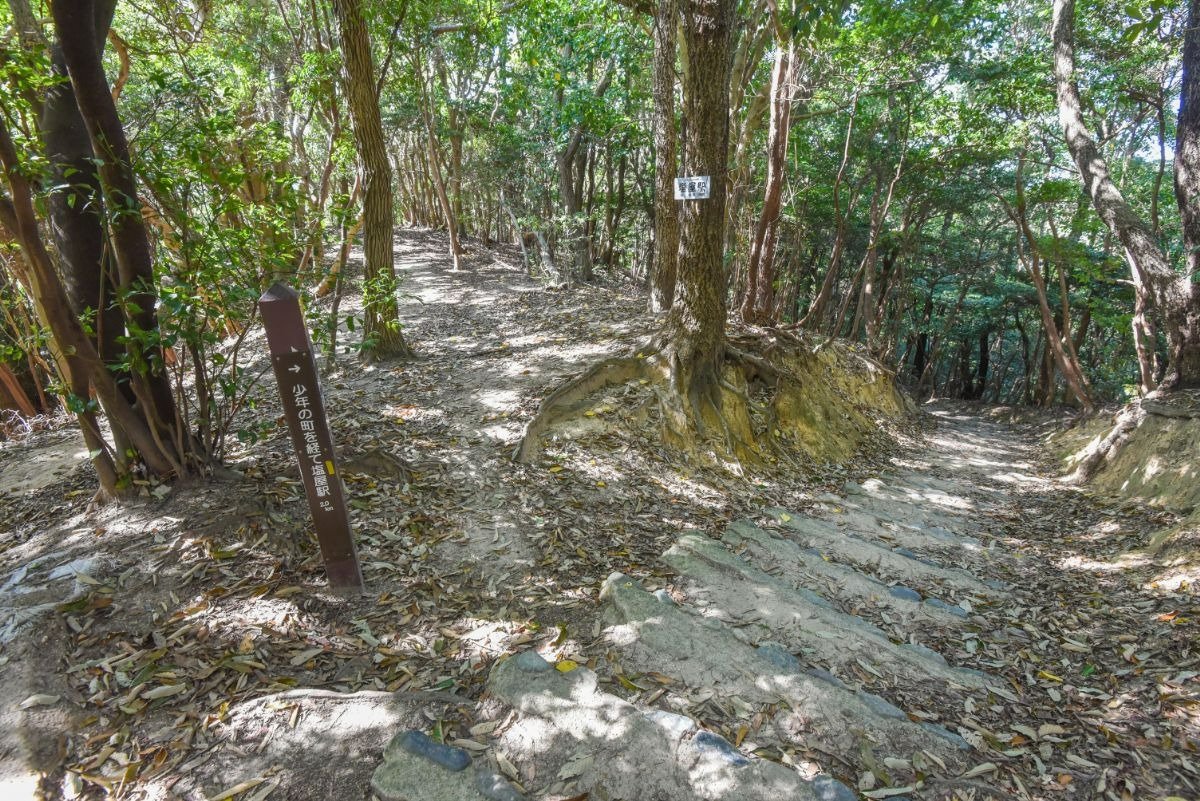 塩屋駅への最初の分岐の画像。立札がある。