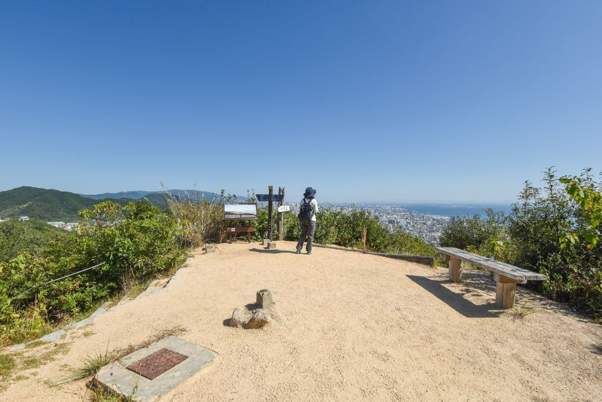 山頂の先端で景色を眺める人の写真