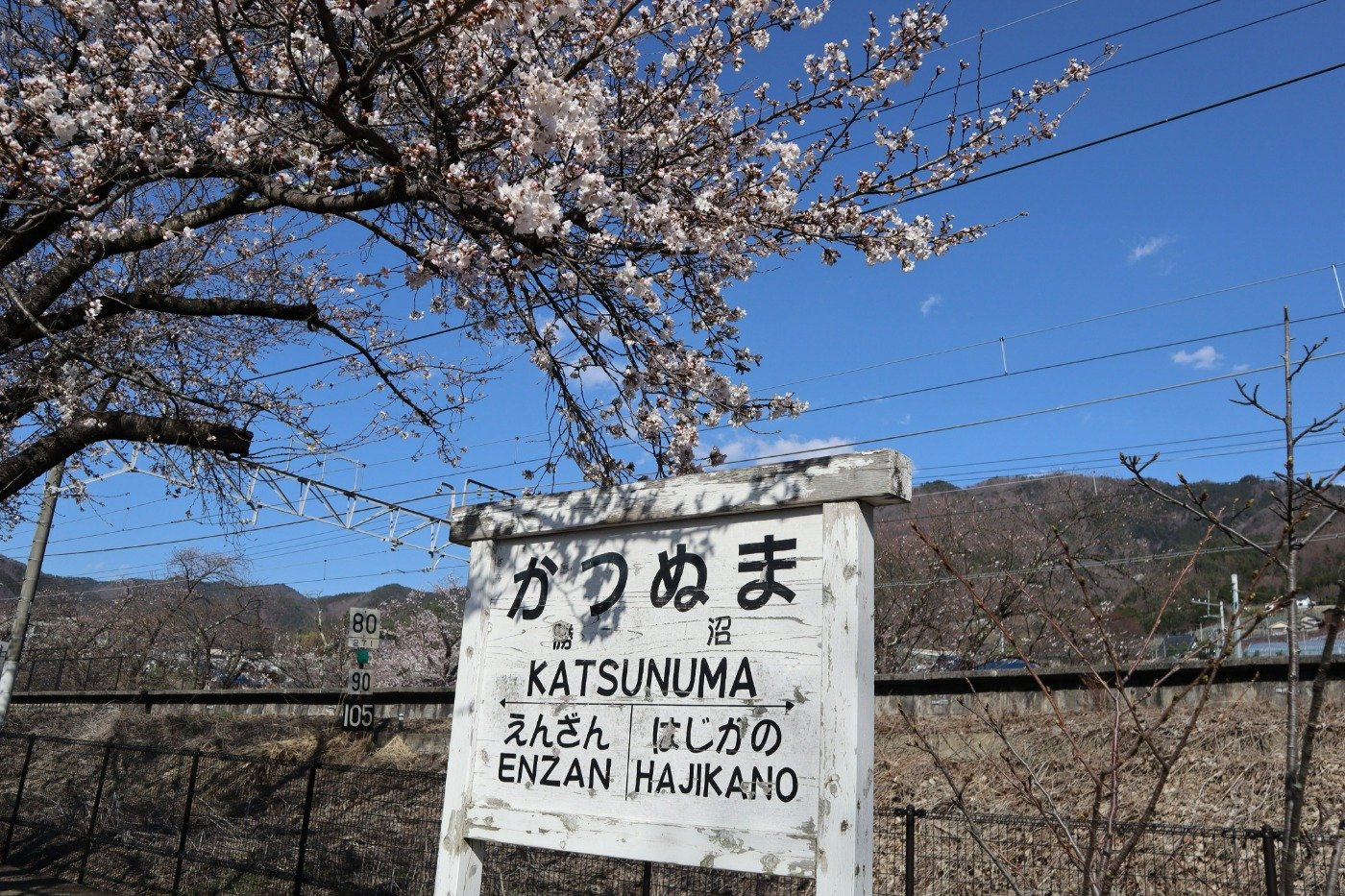 かつてのプラットホームには復元した旧駅名標も残ります
