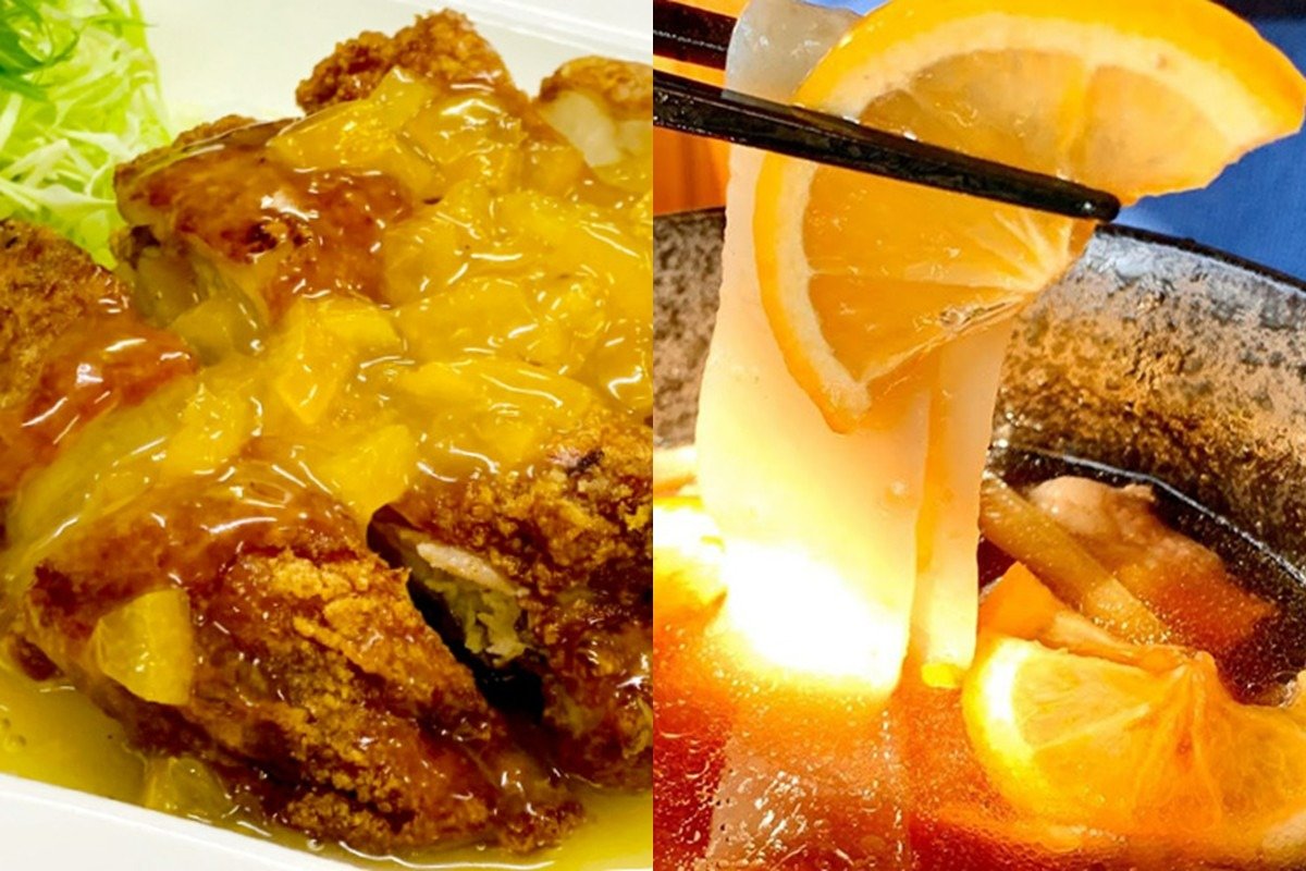 「春雷」の「完熟かぼすの油淋鶏」（左）と「元六」の「幅広うどんwithゴールデンカボスの肉つけ麺」