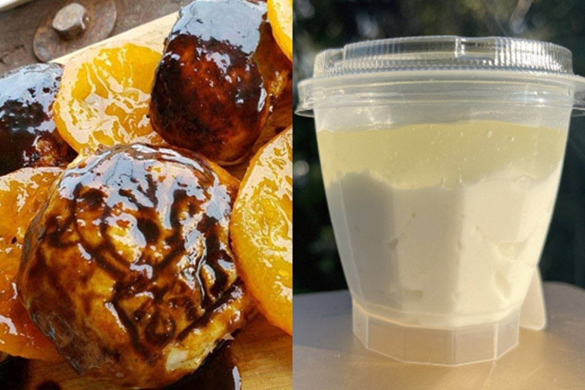 「後藤商店」の「焼きまんじゅう黄金かぼすのコンポート添え」（左）と「秩父やまなみチーズ工房」の「かぼすゼリー・オン・ブラン」