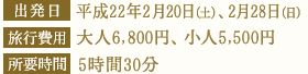 出発日：平成22年2月20日（土）、2月28日（日） 旅行費用：大人6,800円、小人5,500円 所要時間：5時間30分