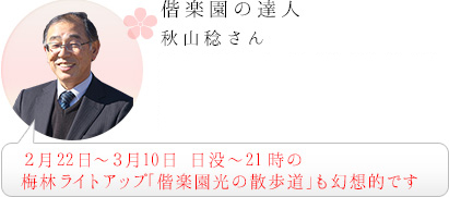 偕楽園の達人　秋山稔さん｜2月22日～3月10日 日没～21時の梅林ライトアップ「偕楽園光の散歩道」も幻想的です