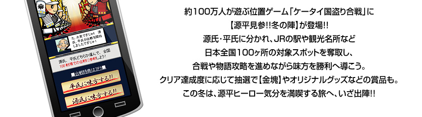 約100万人が遊ぶ位置ゲーム「ケータイ国盗り合戦」に【源平見参!!冬の陣】が登場!!源氏･平氏に分かれ、JRの駅や観光名所など日本全国100ヶ所の対象スポットを奪取し、合戦や物語攻略を進めながら味方を勝利へ導こう。クリア達成度に応じて抽選で【金塊】やオリジナルグッズなどの賞品も。この冬は、源平ヒーロー気分を満喫する旅へ、いざ出陣!!