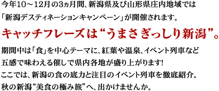 今年10～12月の3ヵ月間、新潟県及び山形県庄内地域では「新潟デスティネーションキャンペーン」が開催されます。キャッチフレーズは“うまさぎっしり新潟”。期間中は「食」を中心テーマに、紅葉や温泉、イベント列車など五感で味わえる催しで県内各地が盛り上がります！ ここでは、新潟の食の底力と注目のイベント列車を徹底紹介。秋の新潟“美食の極み旅”へ、出かけませんか。