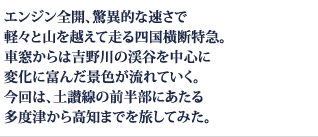 エンジン全開、驚異的な速さで軽々と山を越えて走る四国横断特急。車窓からは吉野川の渓谷を中心に変化に富んだ景色が流れていく。今回は、土讃線の前半部にあたる多度津から高知までを旅してみた。