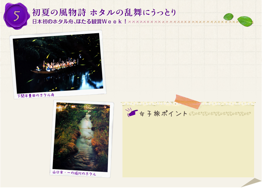 ５、 初夏の風物詩　ホタルの乱舞にうっとり 日本初のホタル舟、ほたる観賞Ｗｅｅｋ！ 