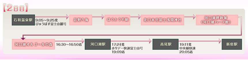 例えばこんなめぐり方｜【2日目】石和温泉駅→忍野八海→ほうとう不動→北口本宮冨士浅間神社→河口湖畔散策（河口湖ハーブ館）→河口湖オルゴールの森→高尾駅→新宿駅
