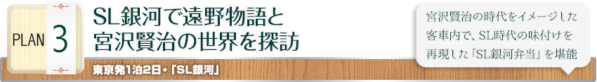 PLAN 3 ｜SL銀河で遠野物語と宮沢賢治の世界を探訪｜東京発1泊2日・「SL銀河」｜宮沢賢治の時代をイメージした客車内で、SL時代の味付けを再現した「SL銀河弁当」を堪能