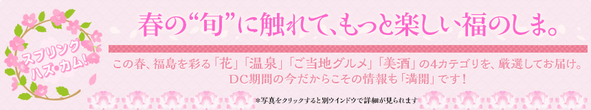 スプリング･ハズ･カム！春の“旬”に触れて、もっと楽しい福のしま｜この春、福島を彩る「花」「温泉」「ご当地グルメ」「美酒」の4カテゴリを、厳選してお届け。DC期間の今だからこその情報も「満開」です！