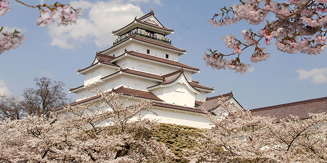 瓦の赤に白壁、そして桜の
淡いピンクが華を競う
