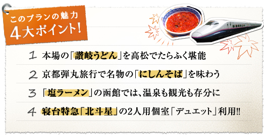 このプランの魅力 4大ポイント！『1.本場の「讃岐うどん」を高松でたらふく堪能』『2.京都弾丸旅行で名物の「にしんそば」を味わう』『3.「塩ラーメン」の函館では、温泉も観光も存分に』『4.寝台特急「北斗星」の2人用個室「デュエット」利用!!』