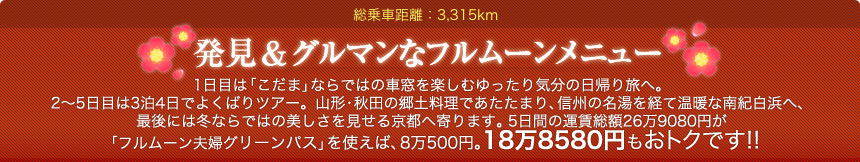 総乗車距離：3315km「発見＆グルマンなフルムーンメニュー」1日目は「こだま」ならではの車窓を楽しむゆったり気分の日帰り旅へ。2～5日目は3泊4日でよくばりツアー。山形・秋田の郷土料理であたたまり、信州の名湯を経て温暖な南紀白浜へ、最後には冬ならではの美しさを見せる京都へ寄ります。5日間の運賃総額26万9080円が「フルムーン夫婦グリーンパス」を使えば、8万500円。18万8580円もおトクです!!