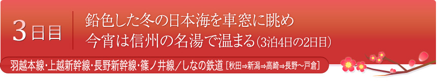 3日目 鉛色した冬の日本海を車窓に眺め　今宵は信州の名湯で温まる（3泊4日の2日目）羽越本線[秋田⇒新潟]・上越新幹線[新潟⇒高崎]・長野新幹線[高崎⇒長野]・篠ノ井線／しなの鉄道[長野～戸倉]