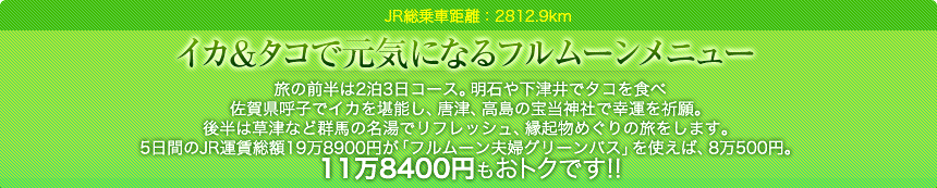 総乗車距離：2812.9km『イカ＆タコで元気になるフルムーンメニュー』旅の前半は2泊3日コース。明石や下津井でタコを食べ佐賀県呼子でイカを堪能し、唐津、高島の宝当神社で幸運を祈願。後半は草津など群馬の名湯でリフレッシュ、縁起物めぐりの旅をします。5日間のJR運賃総額19万8900円が「フルムーン夫婦グリーンパス」を使えば、8万500円。11万8400円もおトクです!!