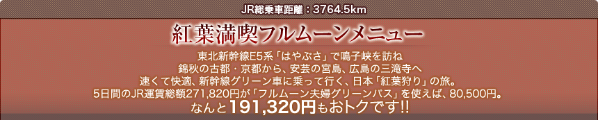 JR総乗車距離：3764.5km  紅葉満喫フルムーンメニュー  東北新幹線E5系「はやぶさ」で鳴子峡を訪ね 錦秋の古都・京都から、安芸の宮島、広島の三滝寺へ 速くて快適、新幹線グリーン車に乗って行く、日本「紅葉狩り」の旅。 5日間のJR運賃総額271,820円が「フルムーン夫婦グリーンパス」を使えば、80,500円。 なんと191,320円もおトクです!!