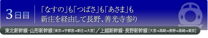 3日目 「なすの」も「つばさ」も「あさま」も 新庄を経由して長野、善光寺参り 東北新幹線・山形新幹線［東京⇒宇都宮⇒新庄⇒大宮］／上越新幹線・長野新幹線［大宮⇒高崎⇒長野⇒高崎⇒東京］ 