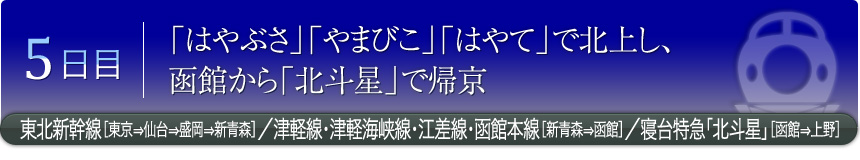 5日目 「はやぶさ」「やまびこ」「はやて」で 北上し、函館から「北斗星」で帰京 東北新幹線［東京⇒仙台⇒盛岡⇒新青森］／津軽線・津軽海峡線・江差線・函館本線［新青森⇒函館］／寝台特急「北斗星」［函館⇒上野］ 