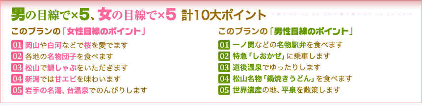 男の目線で×５、女の目線で×５　計10大ポイント