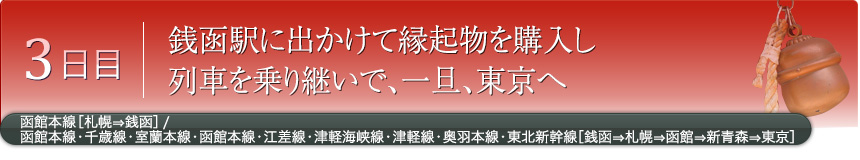 3日目｜銭函駅に出かけて縁起物を購入し列車を乗り継いで、一旦、東京へ｜函館本線［札幌⇒銭函］／函館本線・千歳線・室蘭本線・函館本線・江差線・津軽海峡線・津軽線・奥羽本線・東北新幹線［銭函⇒札幌⇒函館⇒新青森⇒東京］