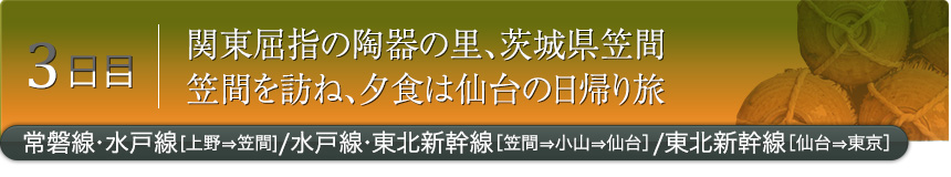 3日目｜関東屈指の陶器の里、茨城県笠間笠間を訪ね、夕食は仙台の日帰り旅｜常磐線・水戸線［上野⇒笠間］／水戸線・東北新幹線［笠間⇒小山⇒仙台］／東北新幹線［仙台⇒東京］