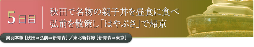 5日目｜秋田で名物の親子丼を昼食に食べ弘前を散策し「はやぶさ」で帰京｜奥羽本線［秋田⇒弘前⇒新青森］／東北新幹線［新青森⇒東京］