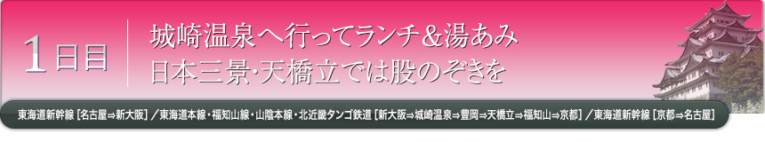 1日目｜城崎温泉へ行ってランチ＆湯あみ日本三景・天橋立では股のぞきを｜東海道新幹線［名古屋⇒新大阪］／東海道本線・福知山線・山陰本線・北近畿タンゴ鉄道［新大阪⇒城崎温泉⇒豊岡⇒天橋立⇒福知山⇒京都］／東海道新幹線［京都⇒名古屋］